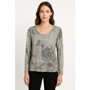 Chicos Metallic Floral Long Sleeve Top Gray Silver Stretch Sparkle Shrit L
